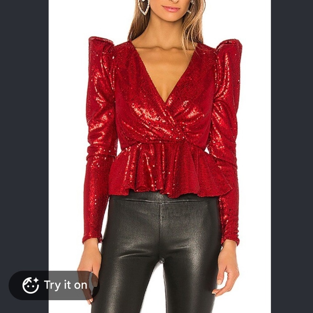 NBD Mayre Blouse Red Sequin Puff Sleeve Peplum Top V-Neck XXS NEW